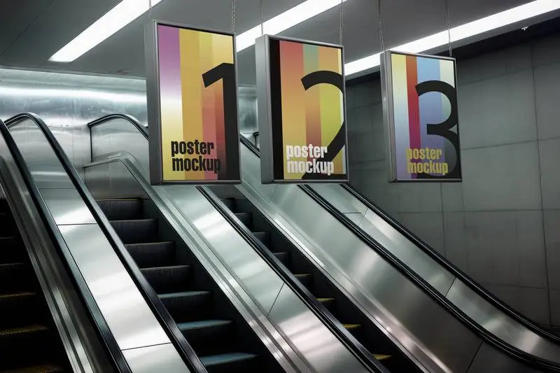 Mockup of a Collection of Posters Hanging on Escalators in a Metro Station