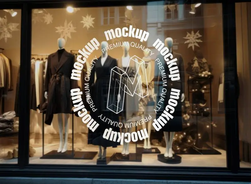 Sticker Logo Mockup on Elegant Clothes Shop Window With Christmas Decoration