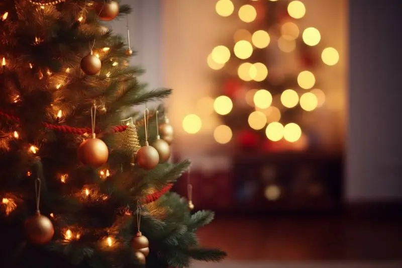 Christmas Picture of Tree With Room Decorated With Faded Lights in the Background