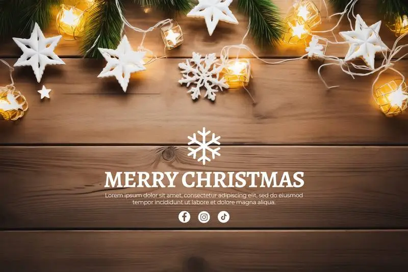 Christmas Banner With Garland of Lights and Stars With Text on a Wooden Background