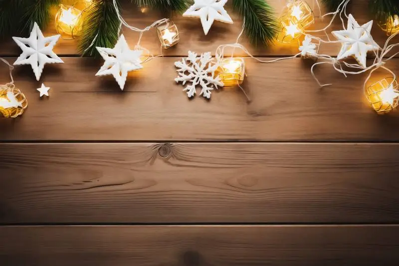 Christmas Image With Garland of Lights and Stars on a Wooden Background