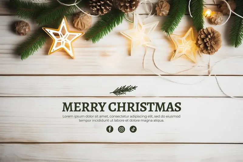 Christmas Banner With Garland of Lights and Stars With Text on White Wood Background