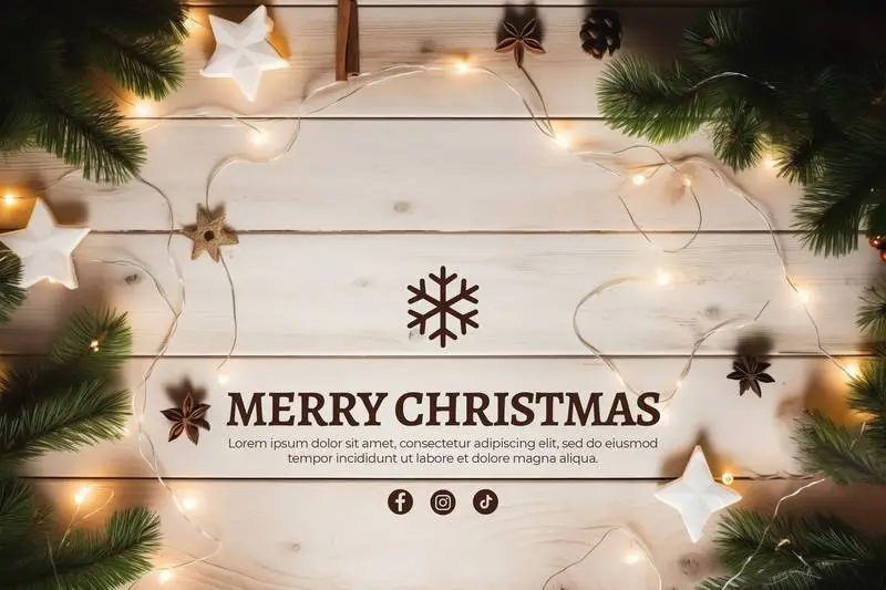 Christmas Banner With Garland of Lights and Stars With Spices and Text on White Wood Background
