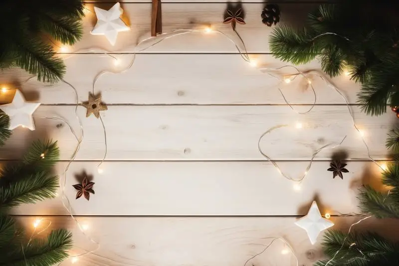 Christmas Image With Garland of Lights and Stars With Spices and Text on White Wooden Background