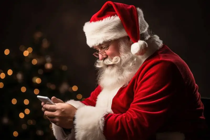 Image of Santa Klauss in Profile Looking at His Smartphone With Christmas Tree in the Background