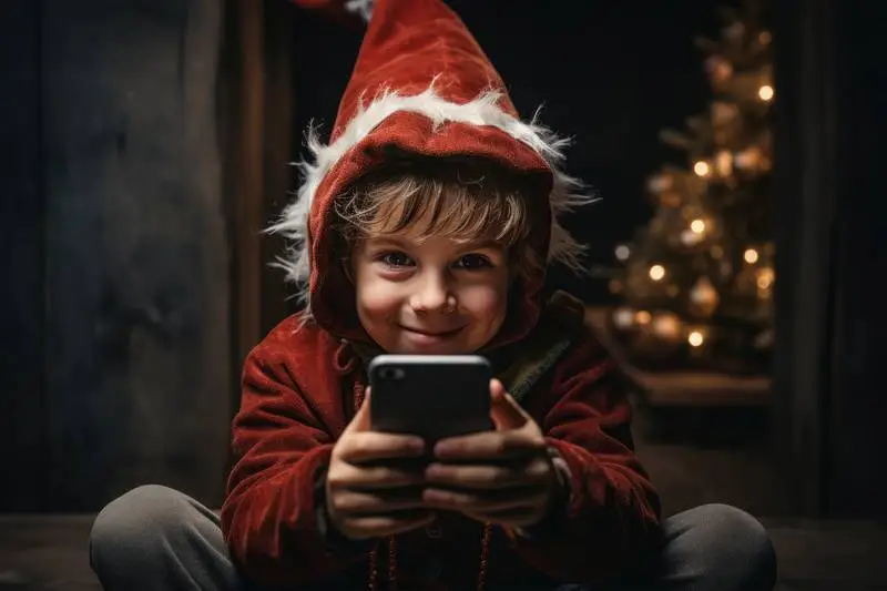 Image of Boy With Hat and Smartphone in His Hands With Christmas Tree in the Background
