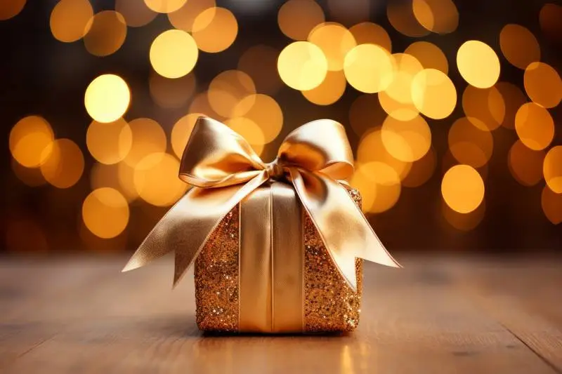 Image of Gift Box Wrapped in Sequins With Gold Ribbon With Blurred Background Lights