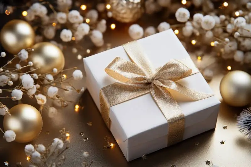 Image of White Gift Box With Gold Ribbon on a Christmas Background Decorated With Balls and Branches