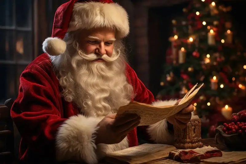 Image of Santa Klauss Reading a Letter With Christmas Tree in the Background