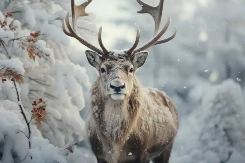 Image of a Giant Reindeer on a Snowy Forest Background