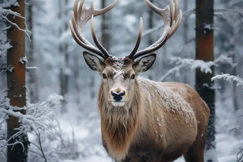 Image of Majestic Reindeer on Snowy Forest Background
