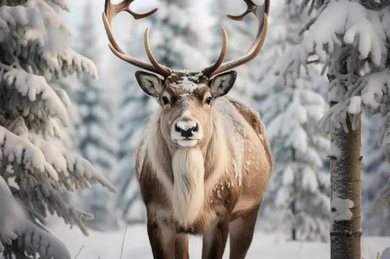 Realistic Image of a Reindeer on a Snowy Forest Background