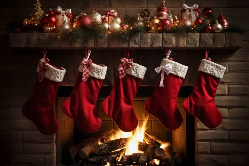 Image of Fireplace With Christmas Decorations and Five Red Socks