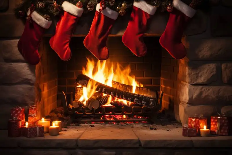 Image of Antique Fireplace With Christmas Decoration and Five Red Socks