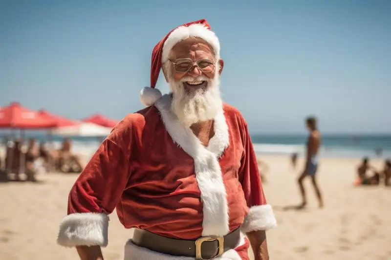 Picture of Santa Klauss Looking at the Camera Smiling on the Beach