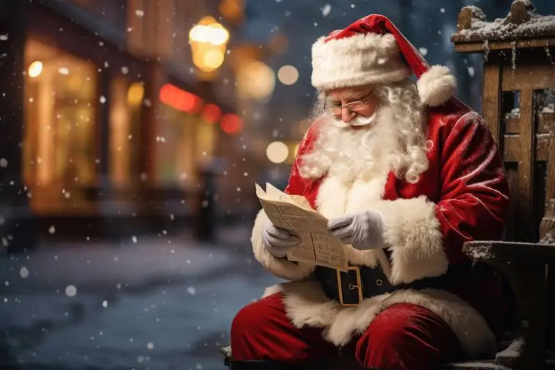 Image of St. Klauss Reading Papers Sitting on a Wooden Chair With Snowy Street in Background