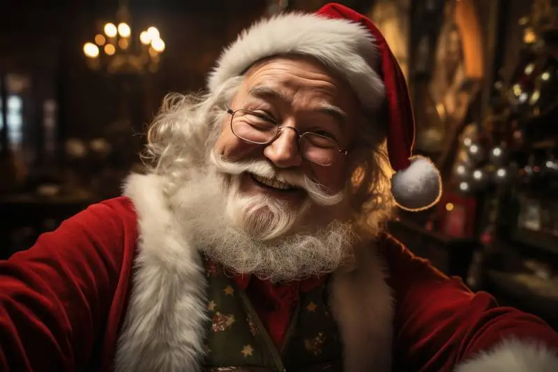Image of Santa Klauss Taking a Selfie to Himself With a Workshop in the Background