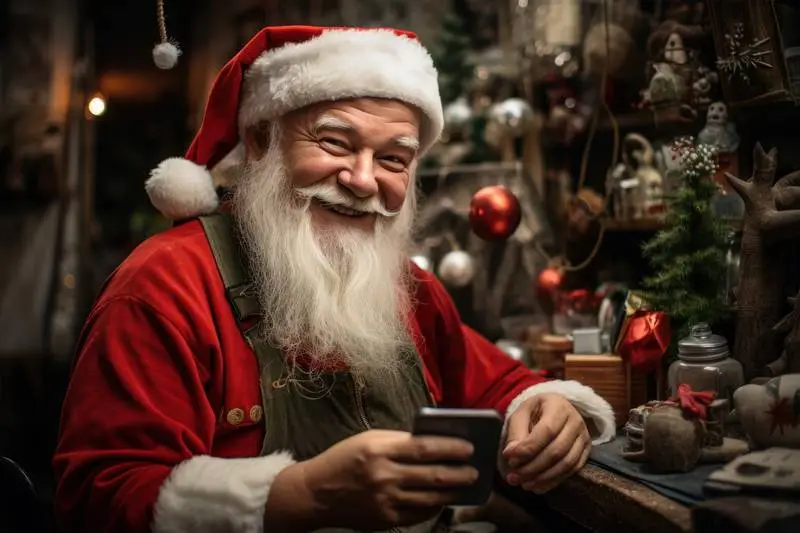 Image of Santa Klauss With Smartphone in Hand With Workshop in Background