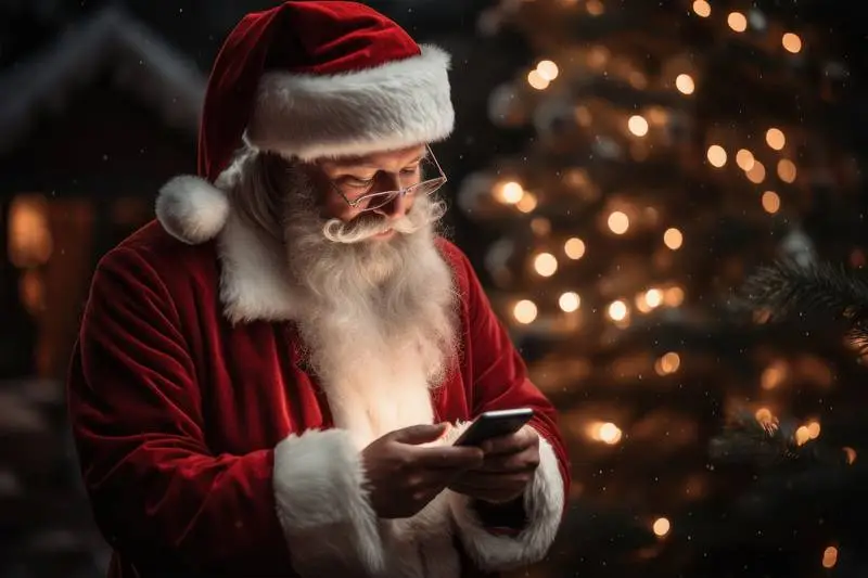 Image of Santa Klauss Looking at His Smartphone in His Hand With Christmas Tree in the Background
