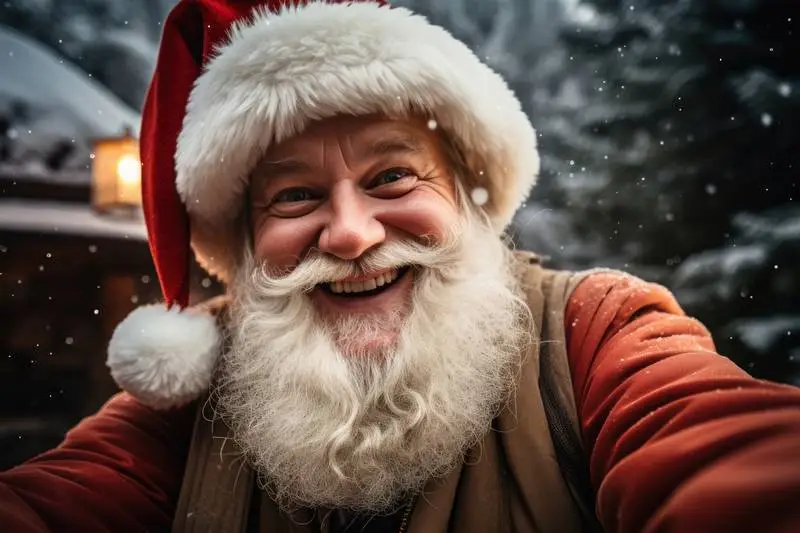 Image of Santa Klauss Taking a Picture of Himself With Forest in the Background