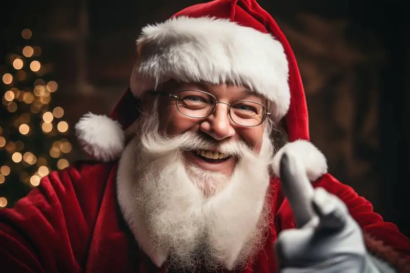Image of Santa Klauss Waving to Camera Smiling With Christmas Tree in Background