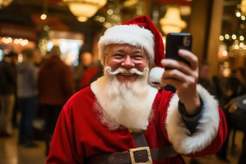 Image of Santa Klauss Taking a Picture With His Smartphone While Smiling in a Market