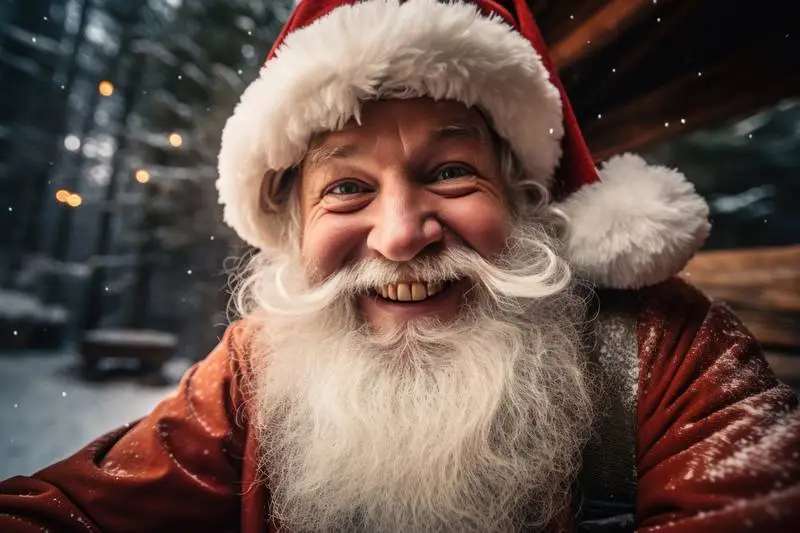 Image of Santa Klauss Taking a Picture of Himself Smiling With Forest in the Background