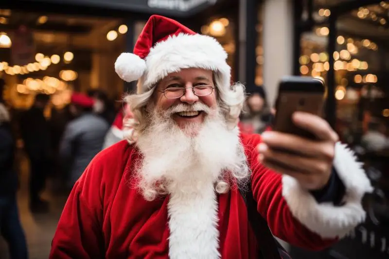 Image of Santa Klauss Taking a Photo in a Marketplace