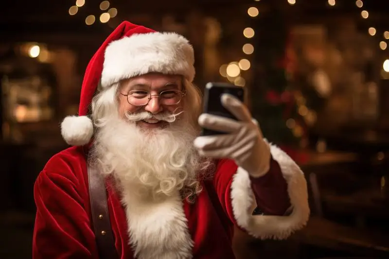 Image of Santa Klauss Taking a Photo With Workshop in the Background