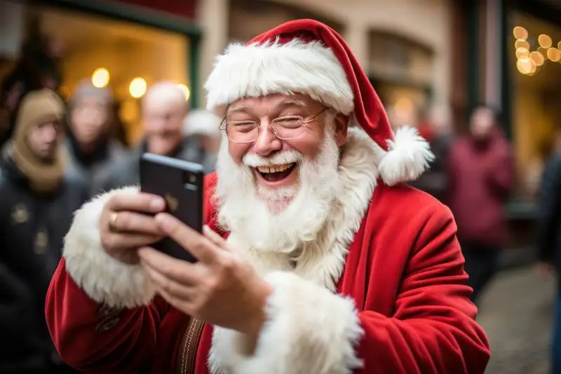 Image of Santa Klauss Making a Video Call With His Smartphone in the Street With People