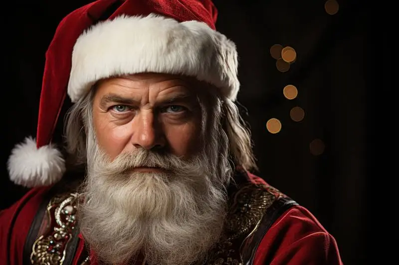Realistic Photo of Santa Klauss With Faded Christmas Lights in the Background