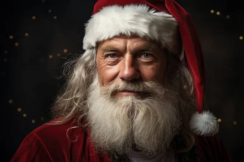 Realistic Portrait of Santa Klauss With Faded Christmas Lights in the Background