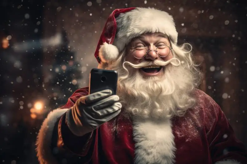 Realistic Portrait of Santa Klauss Smiling With Smartphone and Snowy Background