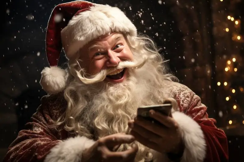 Realistic Portrait of a Happy Santa Klauss With a Smartphone and Snowy Background