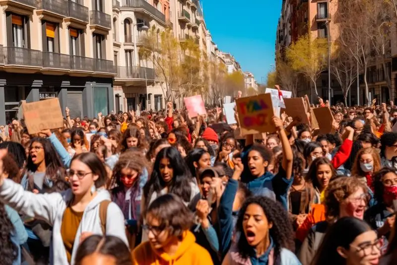 Image of a Massive March With Banners in a Sunny Street