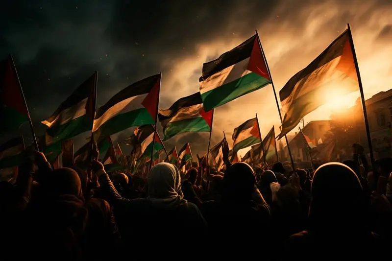 Image of Massive Protest Demonstration With Palestinian Flag