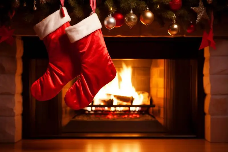 A Pair of Red Christmas Socks Hanging in Front of a Lit Fireplace on Christmas Day