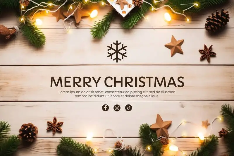 Christmas Text Banner With Decoration on a Wooden Background