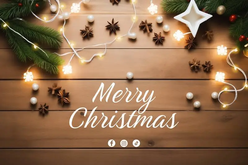 Christmas Text Banner With Decoration of Branches and Lights on Wooden Background