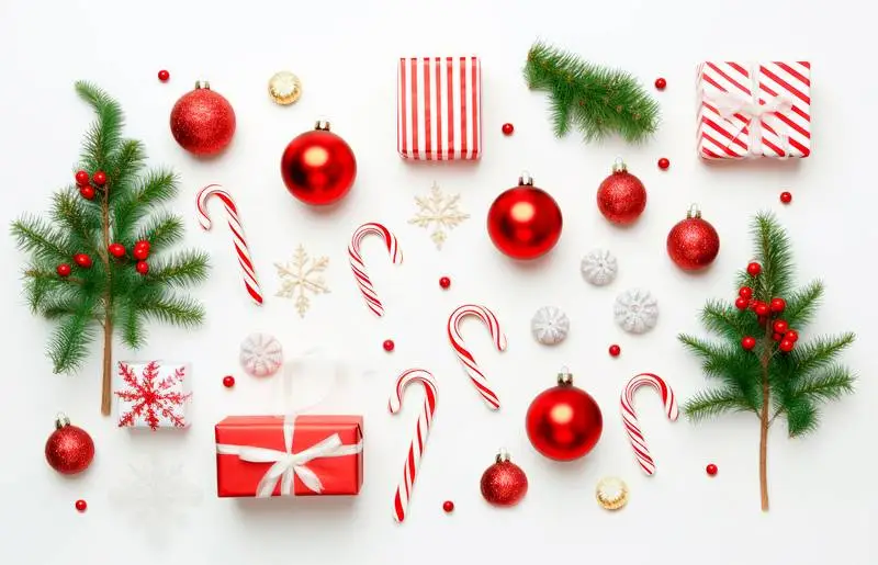 Christmas Decoration Collection Image Viewed From Top on a White Background