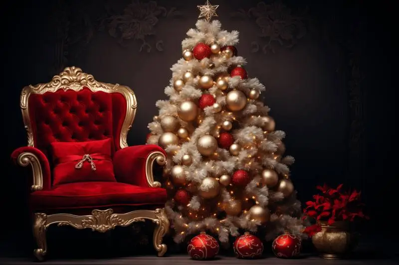 Image of Christmas Tree With Classic Golden Armchair in Decorated Room