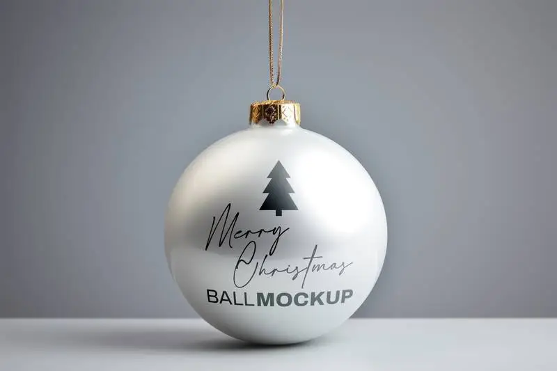 Mockup of White Christmas Ball Design With Gold Pendant on Grey Background