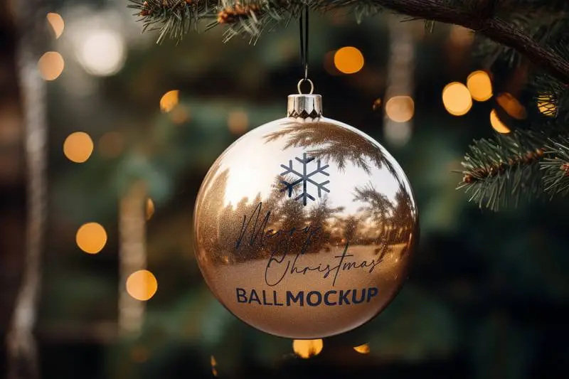 Design Mockup of Golden Christmas Ball Hanging From a Spruce Tree Branch