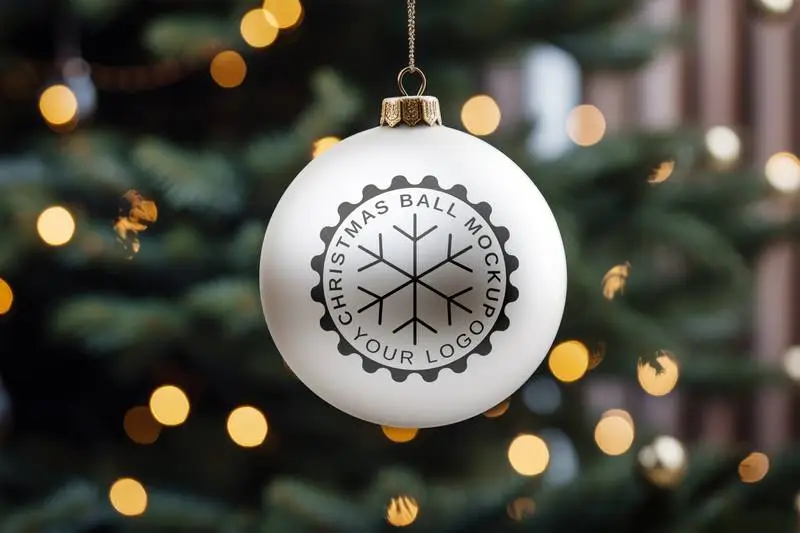 Design Mockup of White Christmas Ball Hanging From a Spruce Tree Branch