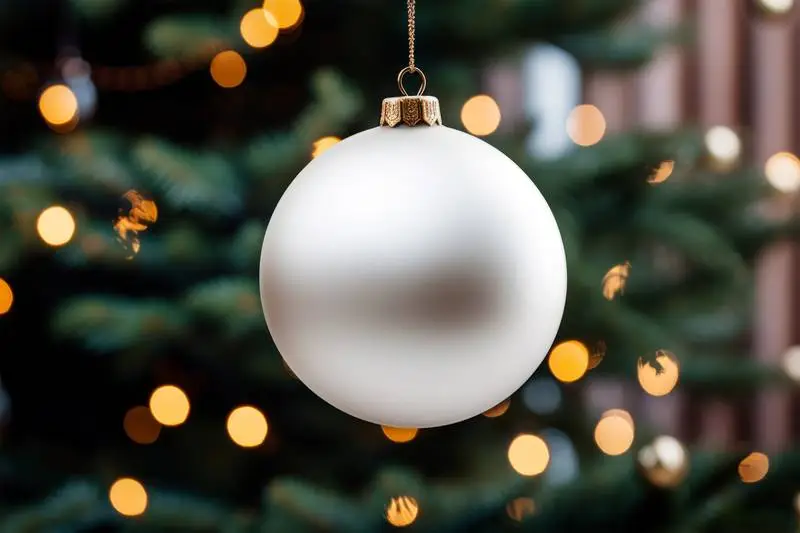 Image of White Christmas Ball Hanging From a Spruce Branch