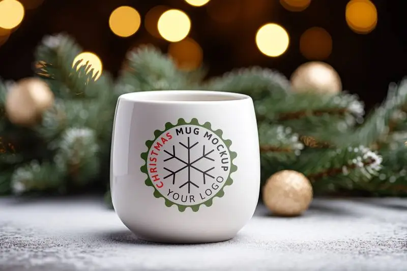 Design Mockup on White Mug With Christmas Decoration in Background
