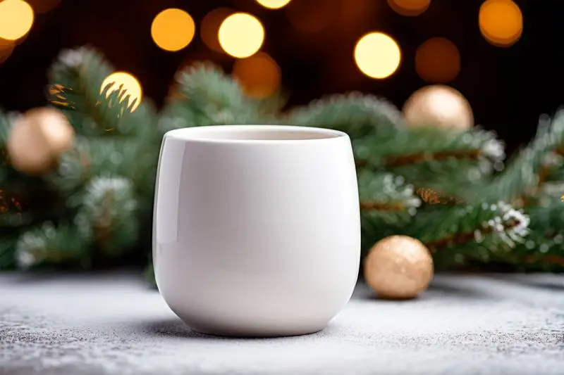 Image of White Mug With Christmas Decoration in the Background