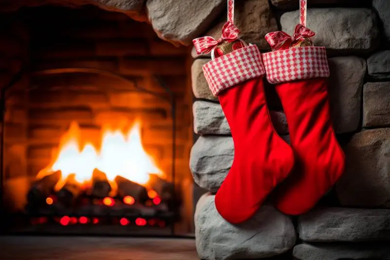 A Pair of Red Christmas Stockings Hanging by a Fireplace on Christmas Eve