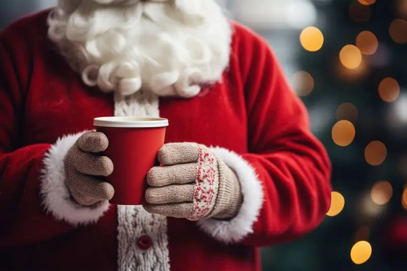Close-Up Photo of Santa Holding a Red Paper Cup on Christmas