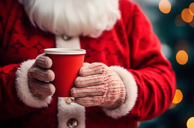 Close-Up Photo of Santa Klaus Holding a Red Paper Cup